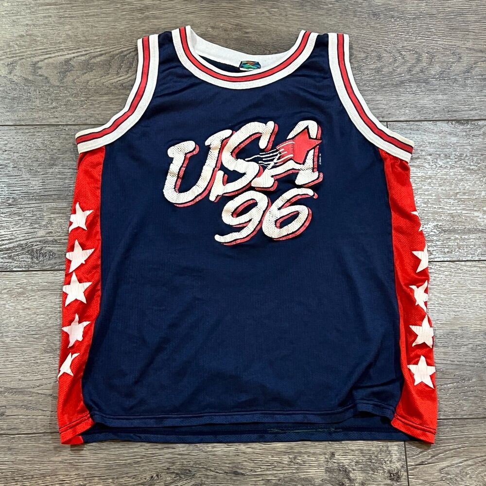 Vintage USA 96 Patriotic Jersey Tank Top Men’s M 90s Stars Sides Cracked Print